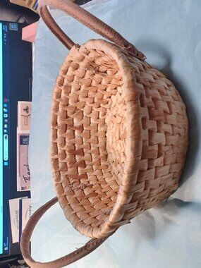 Hand Woven Coiled Grass Basket w/ Rawhide Handles